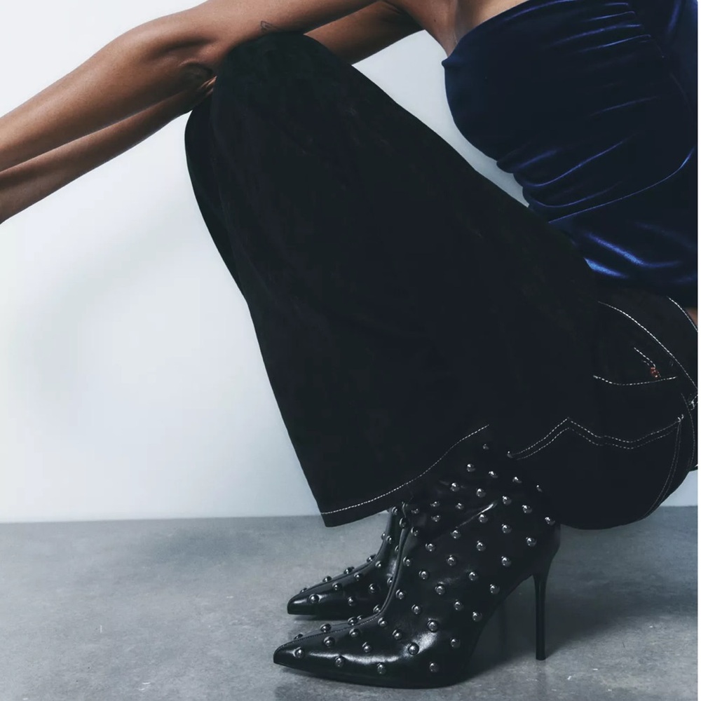 ZARA Black Studded Stiletto Ankle Boots Size 8 | High Heel - Picture 4 of 9